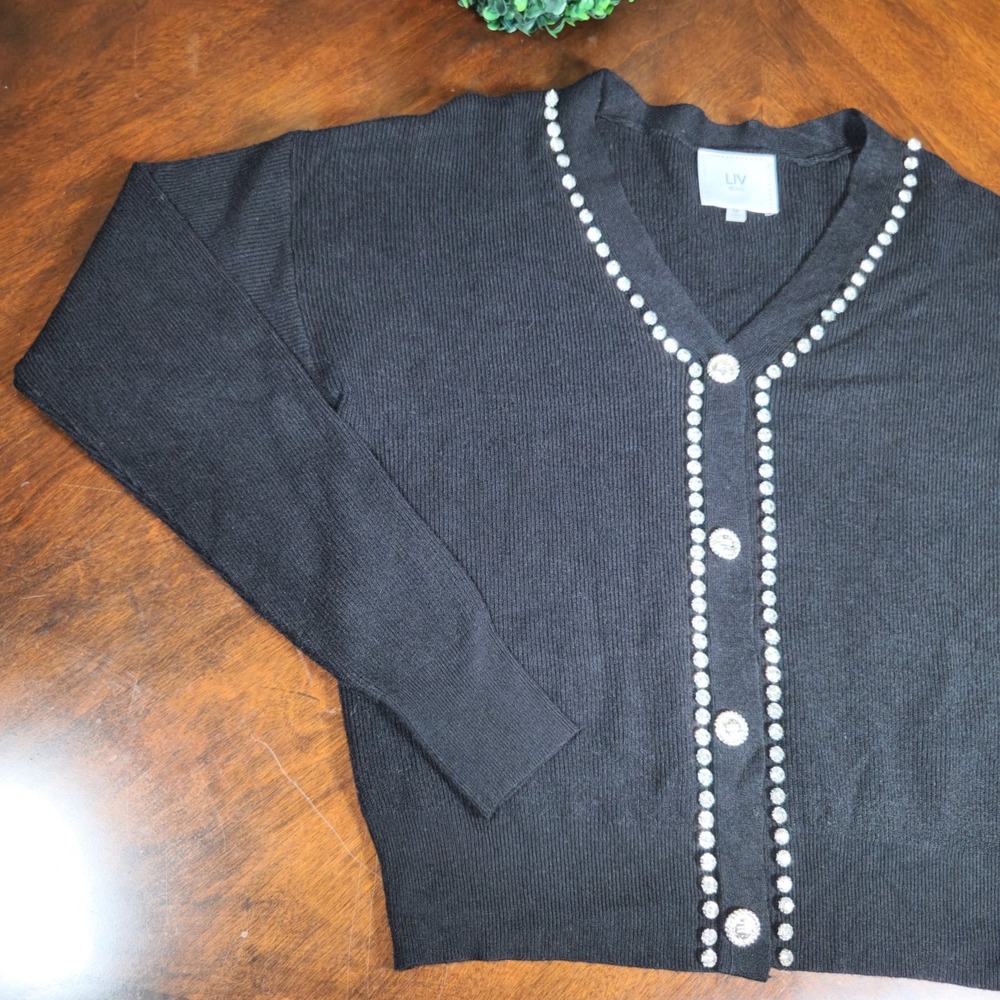 LIV Milano Embellished Diamond Cardigan Sweater Black Button-Down Ribbed Knit - Picture 3 of 9